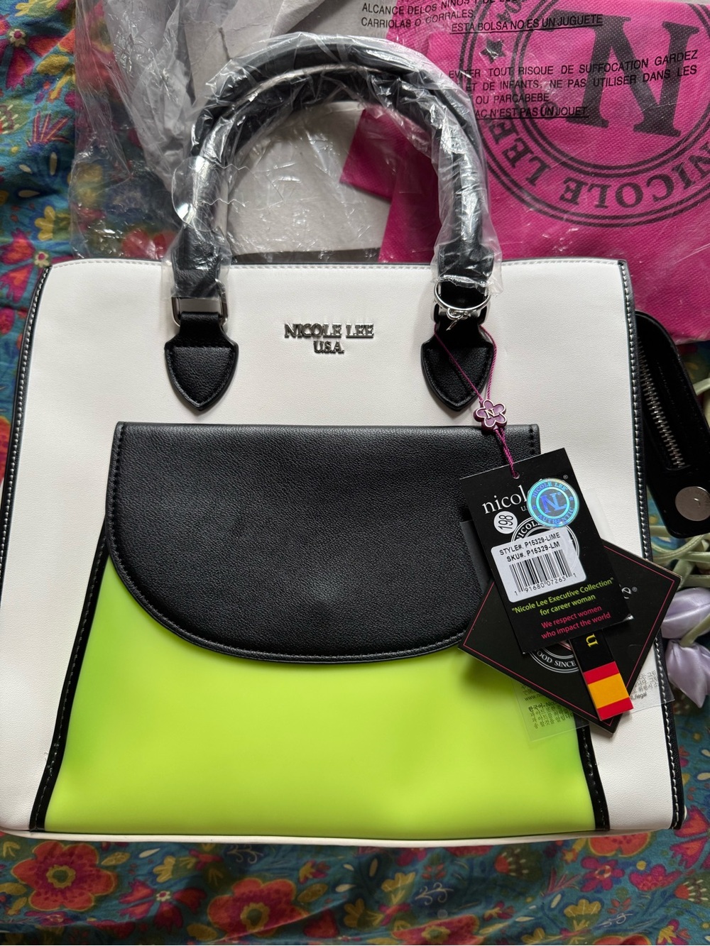 Nicole Lee White, Black & Neon Green Colorblock Satchel